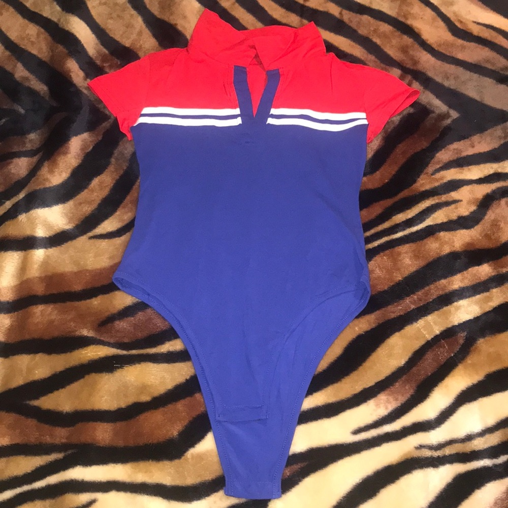 Blue and red with two white striped bodysuit.